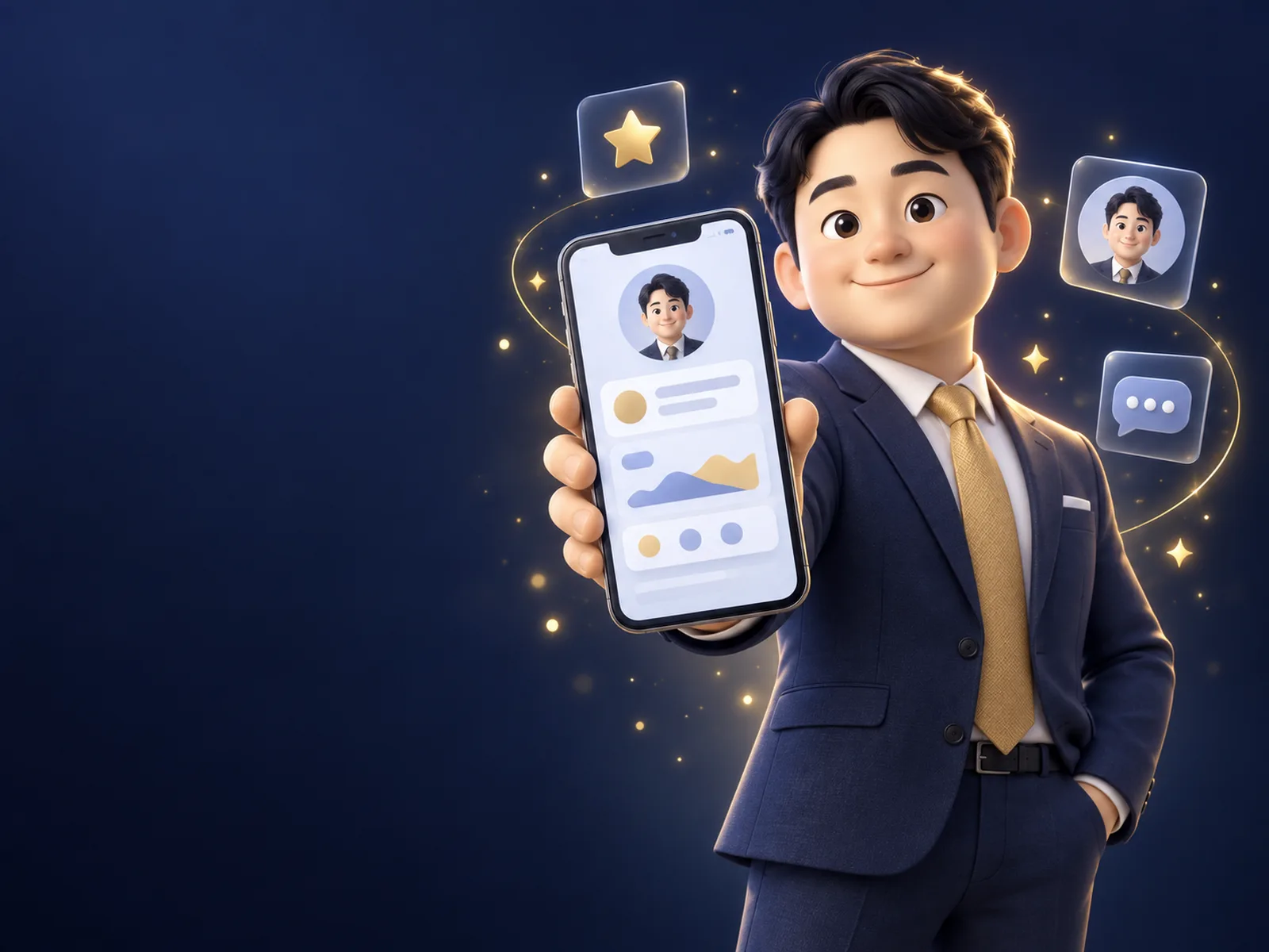 자신의 개인 페이지가 뜬 휴대폰을 보여주는 컨설턴트