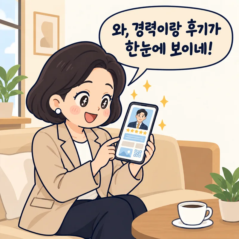 휴대폰에 뜬 컨설턴트 페이지를 보고 감탄하는 고객